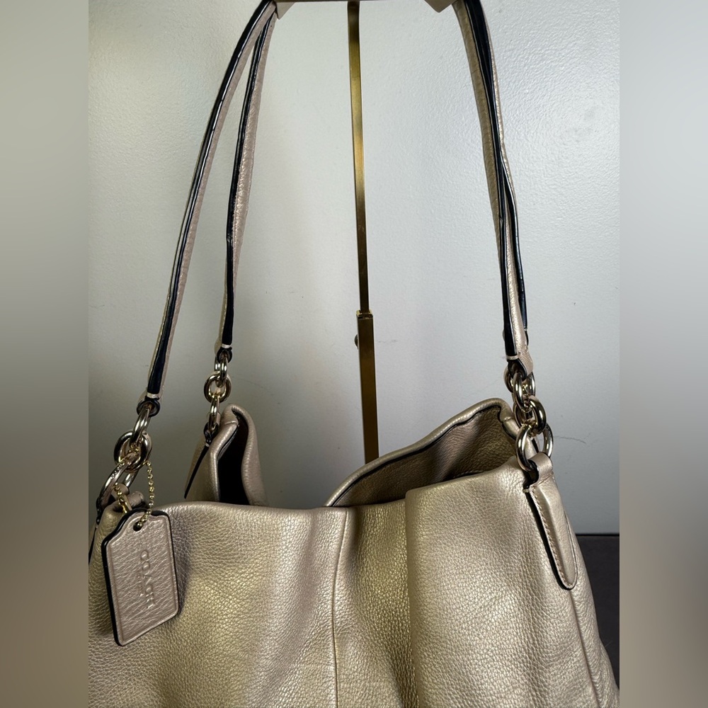 Coach Madison Phoebe shoulder tote bag pebbled leather metallic light gold EUC - Picture 4 of 16